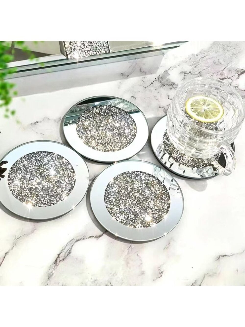 New Glass Mirrored Coaster 4 PC, Crushed Diamond Round 4" Cup Mat